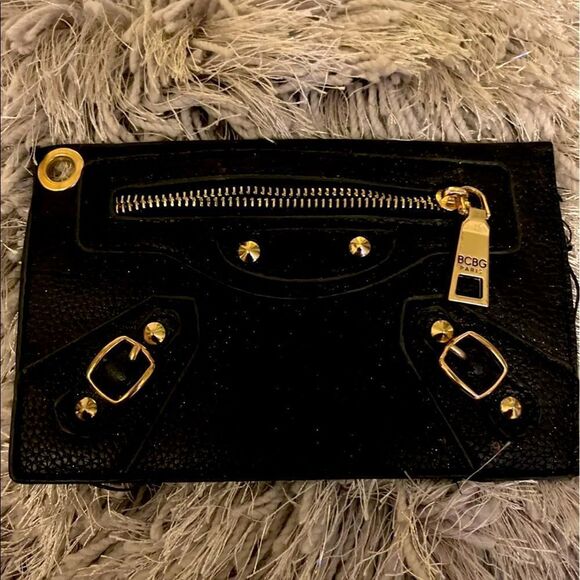 Bcbg Paris envelope wristlet wallet clutch card case black leather & gold - Picture 1 of 3